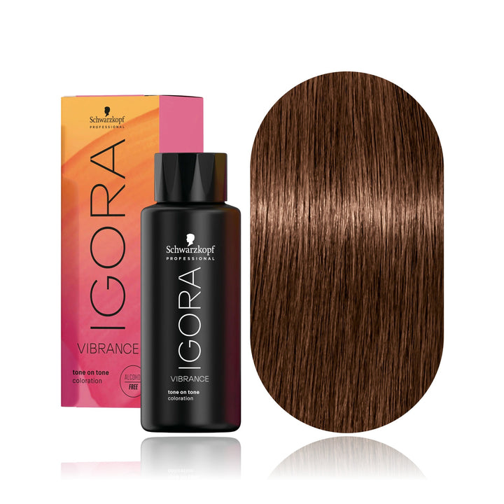 Schwarzkopf IGORA Vibrance 6-6 Dark Blonde Chocolate demi-permanent hair color bottle, box and hair swatch