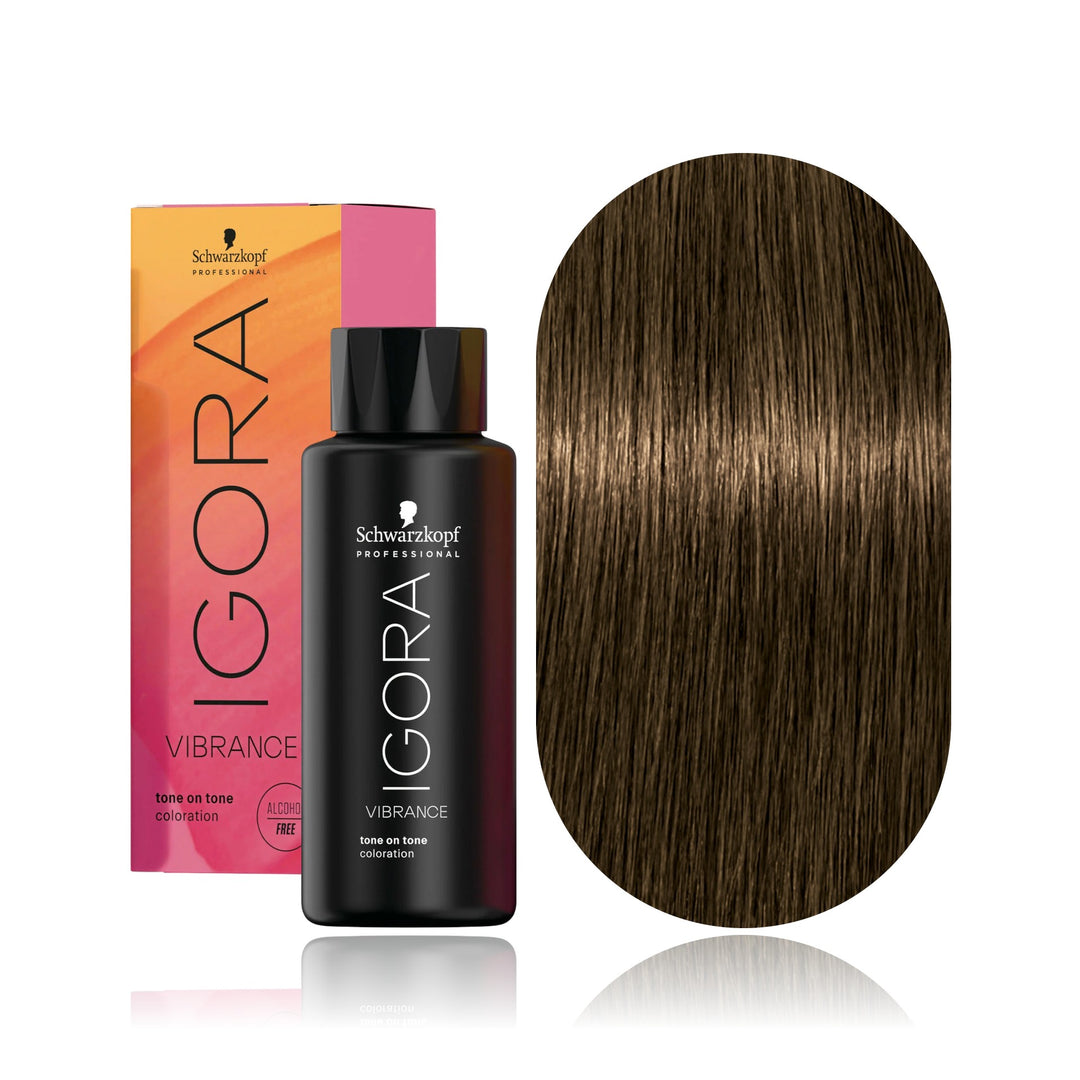Schwarzkopf IGORA Vibrance 6-63 Dark Blonde Chocolate Matte demi-permanent hair color bottle, box and hair swatch