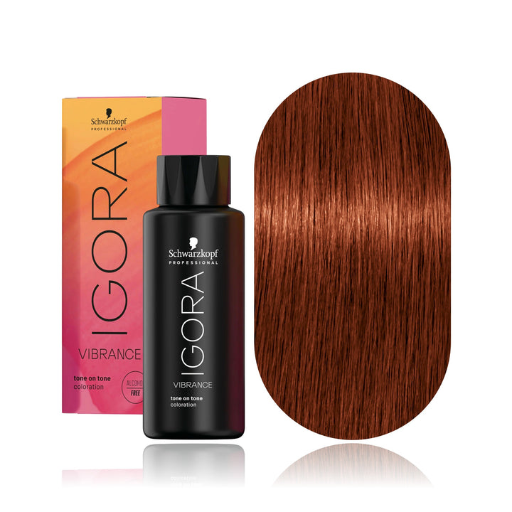 Schwarzkopf IGORA Vibrance 6-78 Dark Blonde Copper Red demi-permanent hair color bottle, box and hair swatch