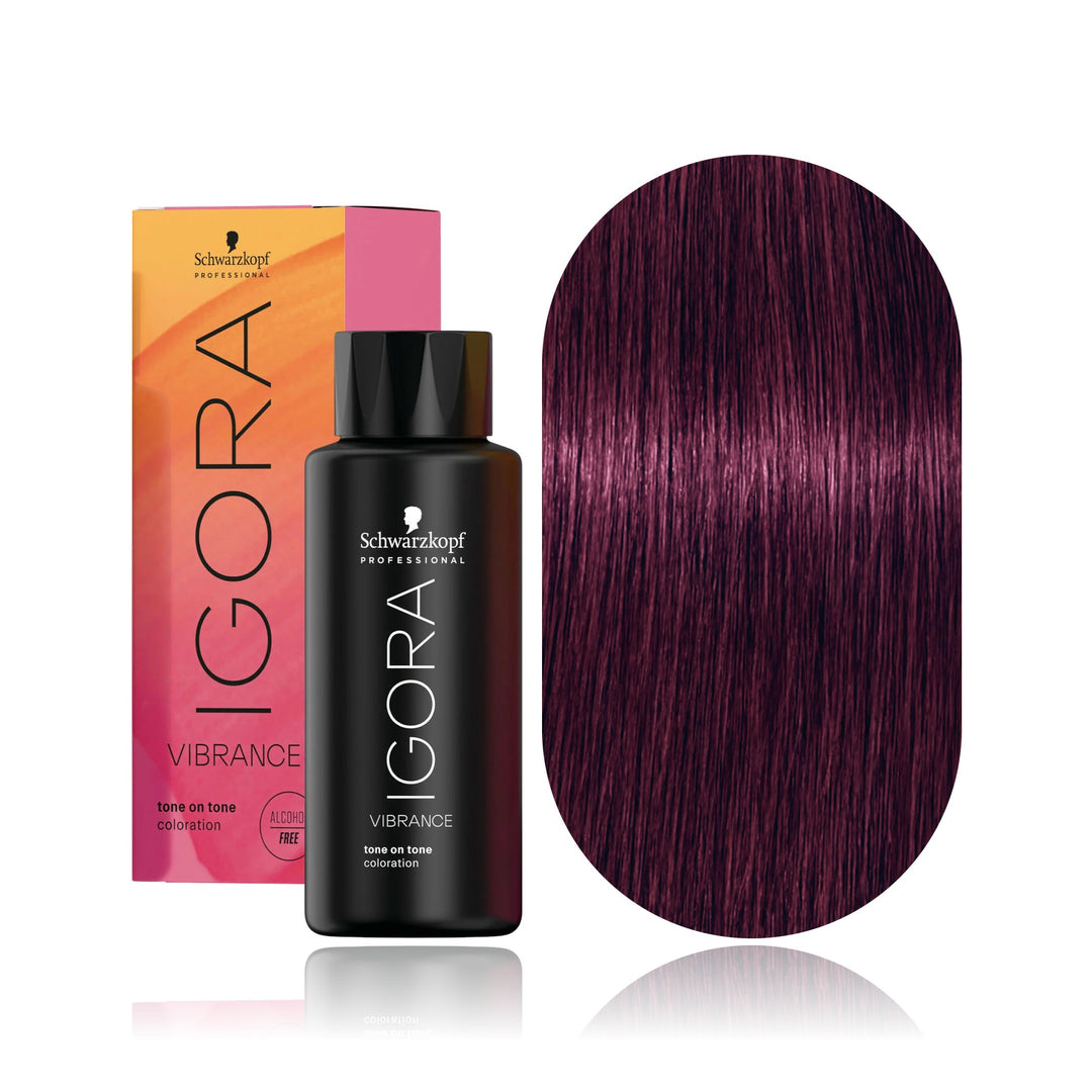 Schwarzkopf IGORA Vibrance 6-99 Dark Blonde Violet Extra demi-permanent hair color bottle, box and hair swatch