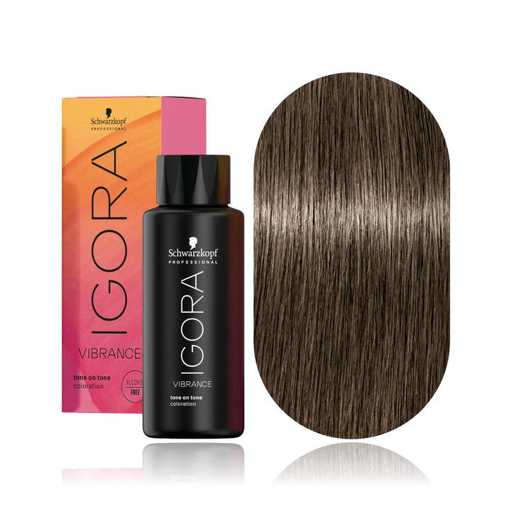 Schwarzkopf IGORA Vibrance 7-1 Medium Blonde Cendré demi-permanent hair color bottle, box and hair swatch