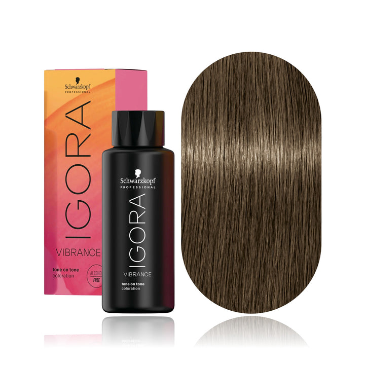 Schwarzkopf IGORA Vibrance 7-24 Medium Blonde Ash Beige demi-permanent hair color bottle, box and hair swatch