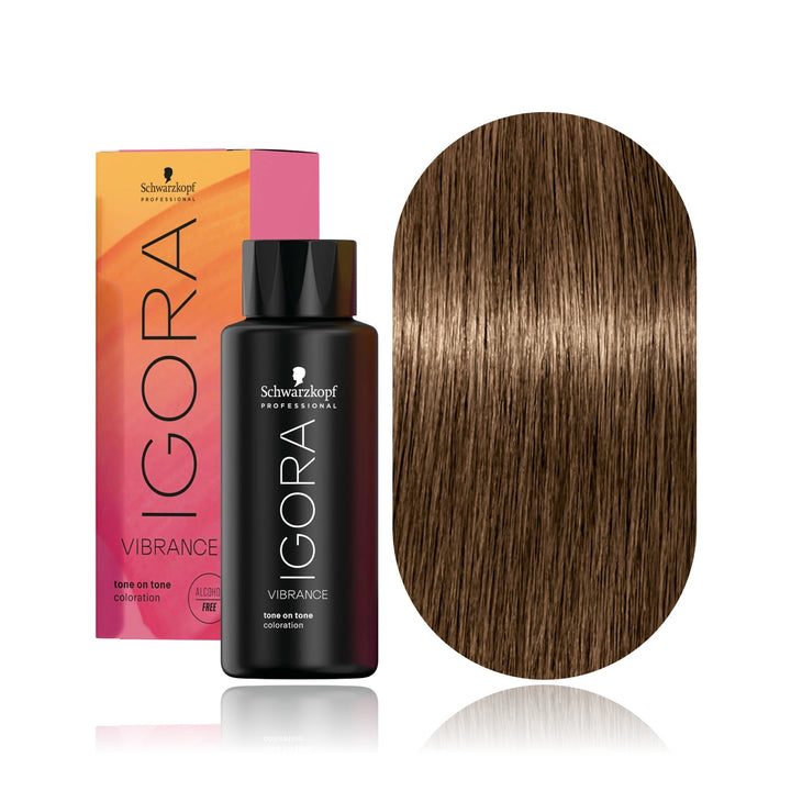 Schwarzkopf IGORA Vibrance 7-4 Medium Blonde Beige demi-permanent hair color bottle, box and hair swatch