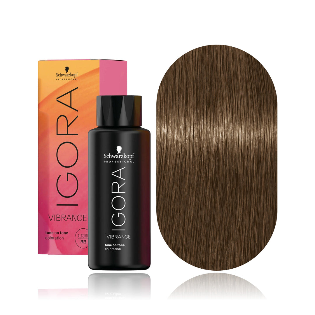 Schwarzkopf IGORA Vibrance 7-42 Medium Blonde Beige Ash demi-permanent hair color bottle, box and hair swatch