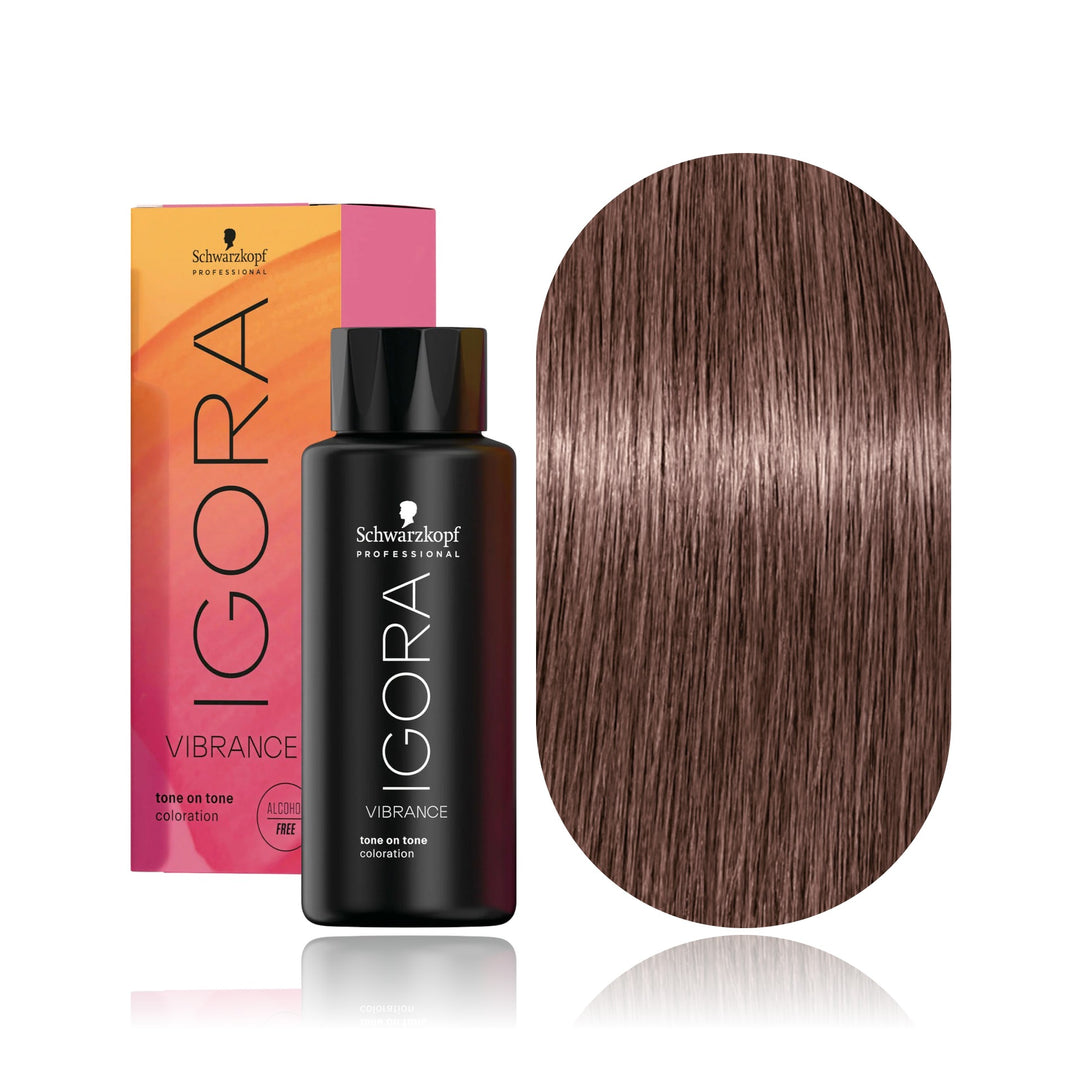 Schwarzkopf IGORA Vibrance 7-48 Medium Blonde Beige Red demi-permanent hair color bottle, box and hair swatch