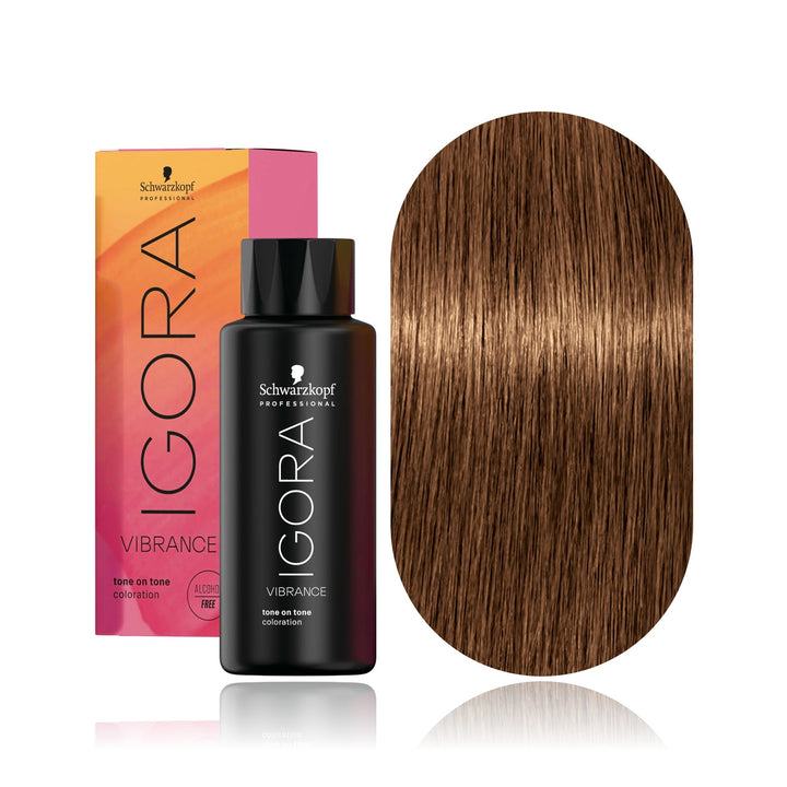 Schwarzkopf IGORA Vibrance 7-55 Medium Blonde Gold Extra demi-permanent hair color bottle, box and hair swatch