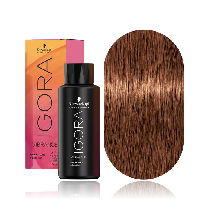 Schwarzkopf IGORA Vibrance 7-57 Medium Blonde Gold Copper demi-permanent hair color bottle, box and hair swatch