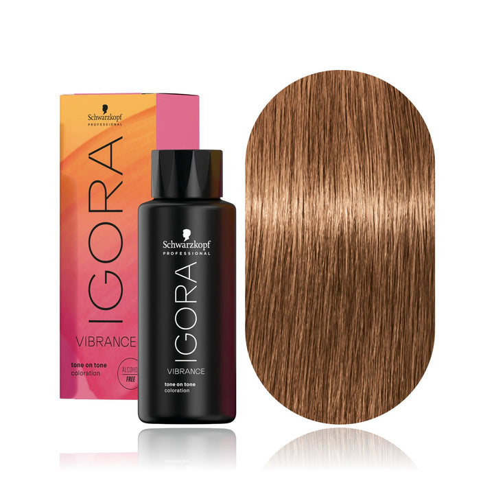 Schwarzkopf IGORA Vibrance 7-65 Medium Blonde Chocolate Gold demi-permanent hair color bottle, box and hair swatch