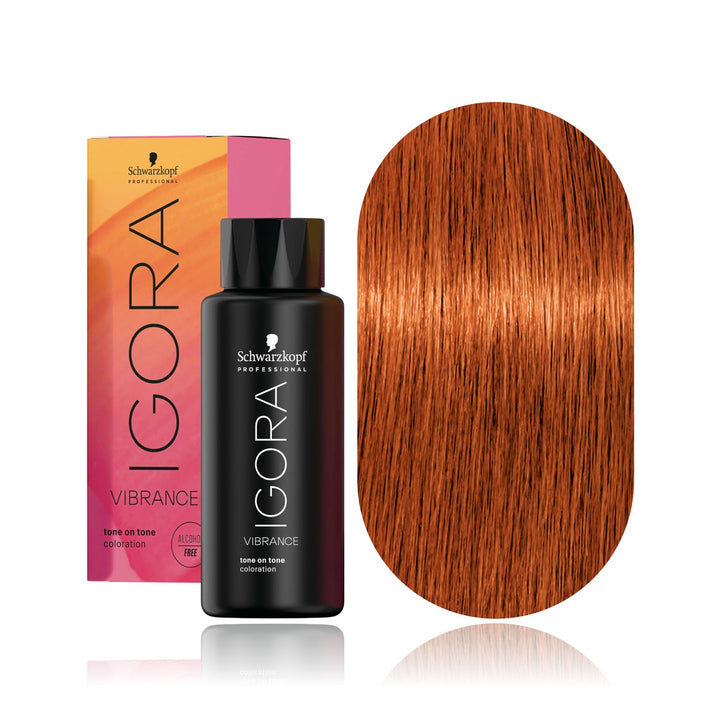 Schwarzkopf IGORA Vibrance 7-77 Medium Blonde Copper Extra demi-permanent hair color bottle, box and hair swatch