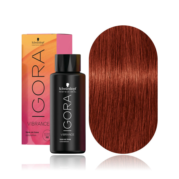 Schwarzkopf IGORA Vibrance 7-88 Medium Blonde Red Extra demi-permanent hair color bottle, box and hair swatch