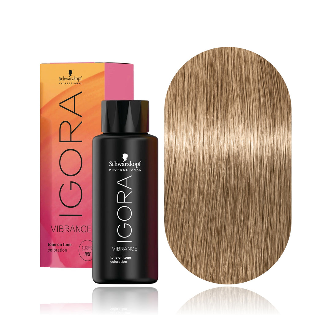 Schwarzkopf IGORA Vibrance 8-0 Light Blonde Natural demi-permanent hair color bottle, box and hair swatch