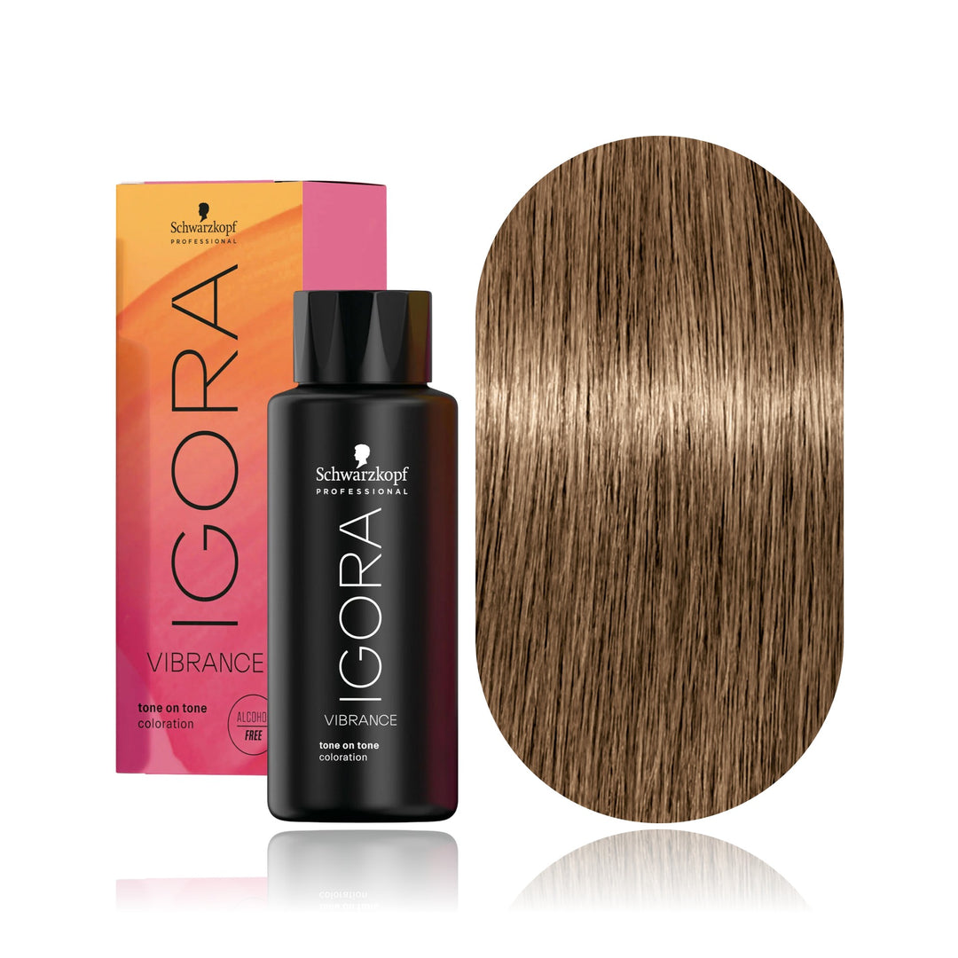 Schwarzkopf IGORA Vibrance 8-00 Light Blonde Natural Extra demi-permanent hair color bottle, box and hair swatch