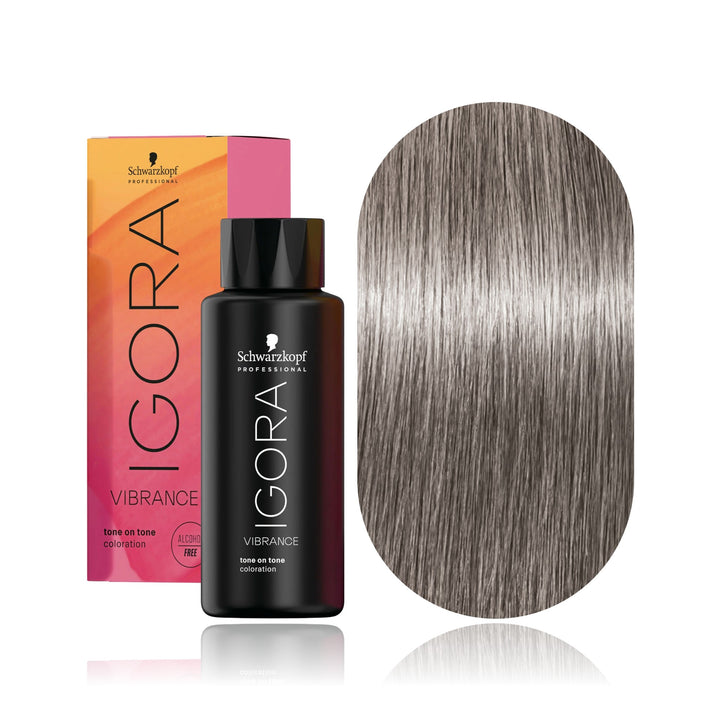 Schwarzkopf IGORA Vibrance 8-11 Light Blonde Cendré Extra demi-permanent hair color bottle, box and hair swatch