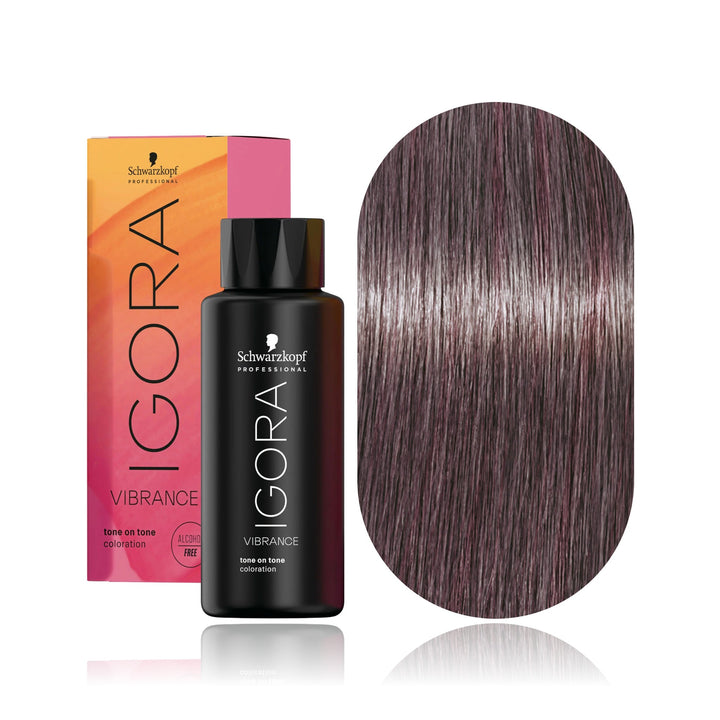 Schwarzkopf IGORA Vibrance 8-19 Light Blonde Cendré Violet demi-permanent hair color bottle, box and hair swatch