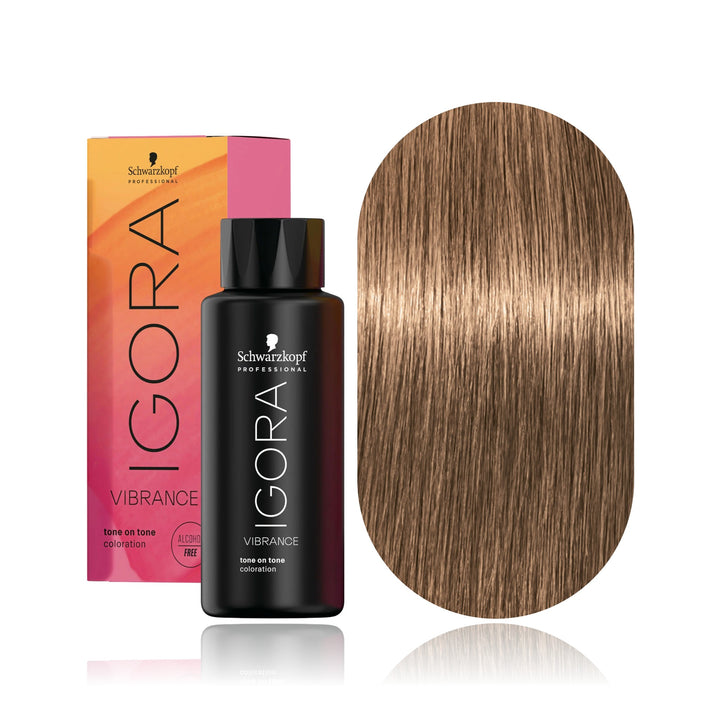 Schwarzkopf IGORA Vibrance 8-46 Light Blonde Beige Chocolate demi-permanent hair color bottle, box and hair swatch