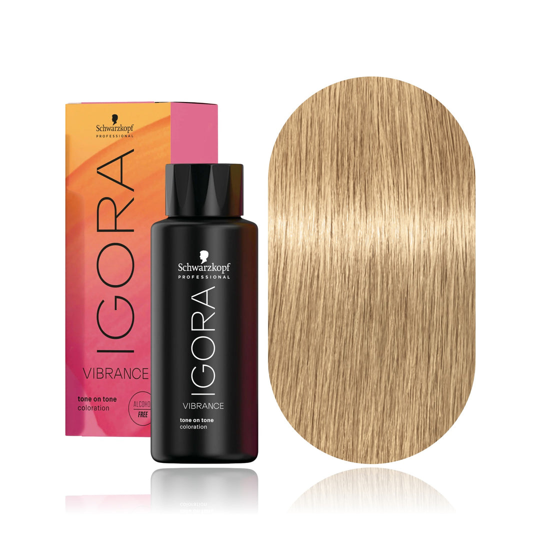 Schwarzkopf IGORA Vibrance 9-0 Extra Light Blonde Natural demi-permanent hair color bottle, box and hair swatch