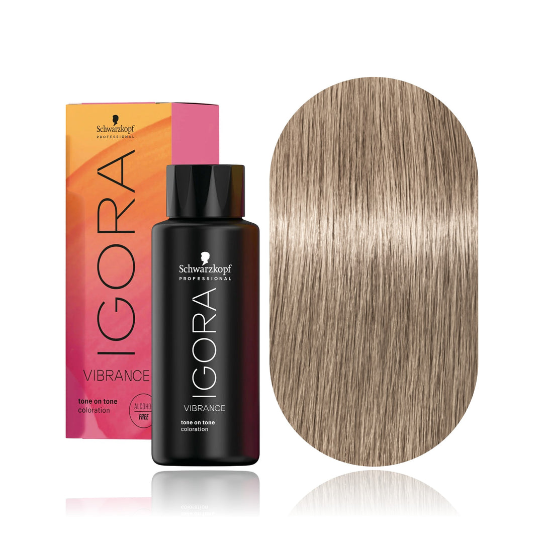 Schwarzkopf IGORA Vibrance 9-1 Extra Light Blonde Cendré demi-permanent hair color bottle, box and hair swatch
