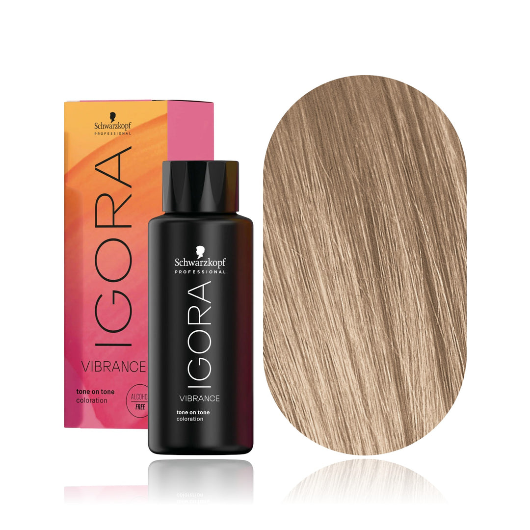 Schwarzkopf IGORA Vibrance 9-12 Extra Light Blonde Cendré Ash demi-permanent hair color bottle, box and hair swatch