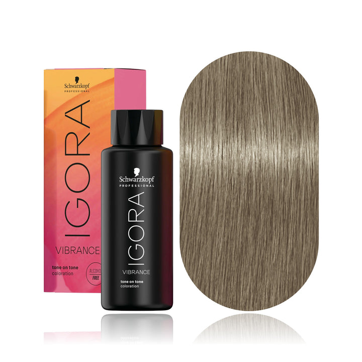 Schwarzkopf IGORA Vibrance 9-24 Extra Light Blonde Ash Beige demi-permanent hair color bottle, box and hair swatch
