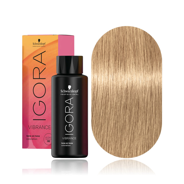 Schwarzkopf IGORA Vibrance 9-4 Extra Light Blonde Beige demi-permanent hair color bottle, box and hair swatch