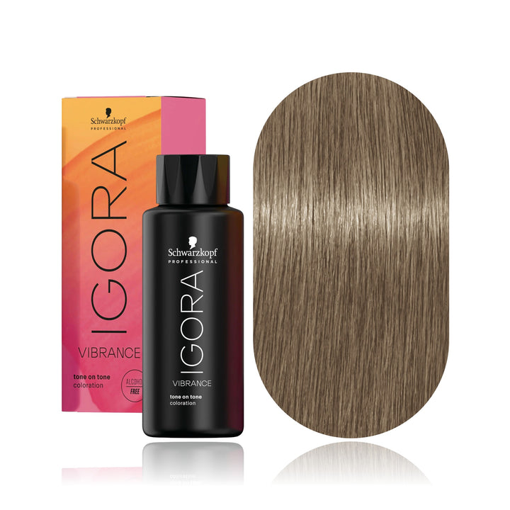 Schwarzkopf IGORA Vibrance 9-42 Extra Light Blonde Beige Ash demi-permanent hair color bottle, box and hair swatch