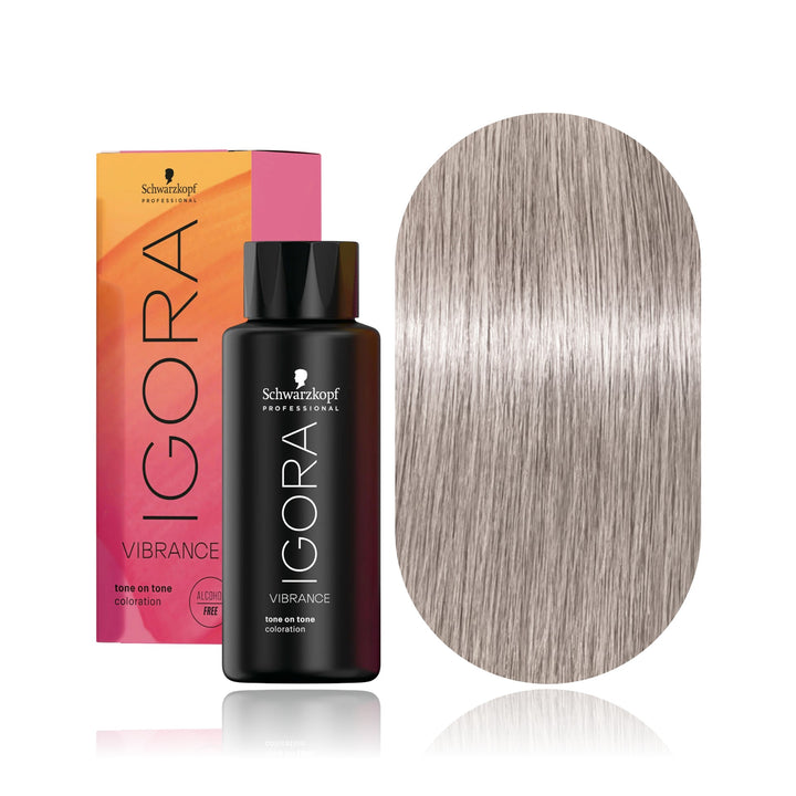 Schwarzkopf IGORA Vibrance 9,5-11 Cendré Extra Toner demi-permanent hair color bottle, box and hair swatch