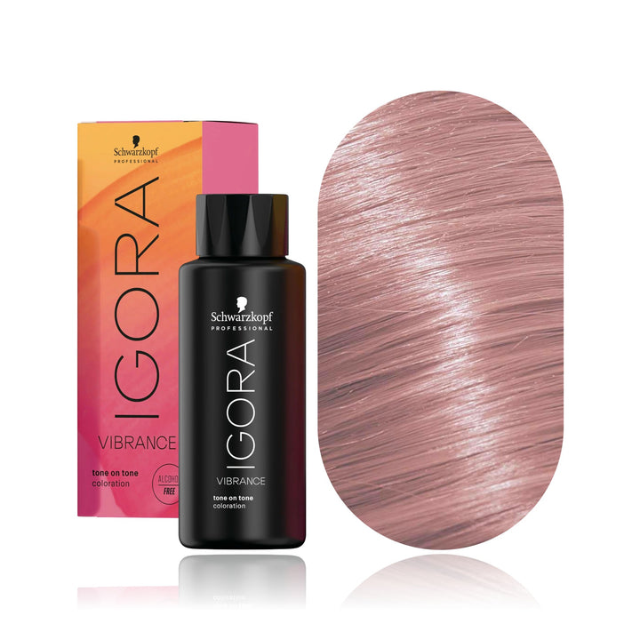 Schwarzkopf IGORA Vibrance 9,5-19 Cendré Violet Toner demi-permanent hair color bottle, box and hair swatch