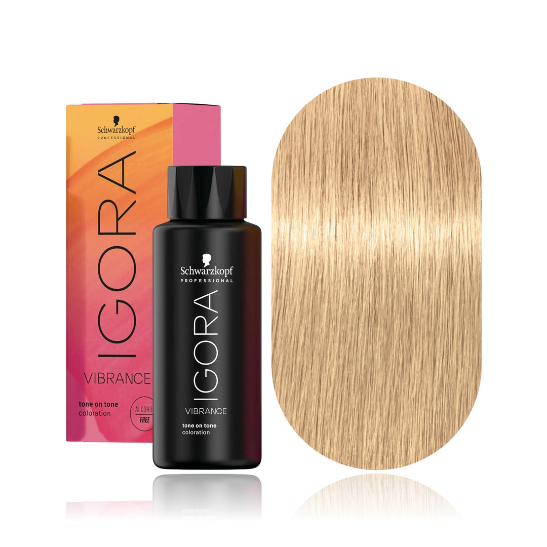 Schwarzkopf IGORA Vibrance 9,5-4 Beige Toner demi-permanent hair color bottle, box and hair swatch