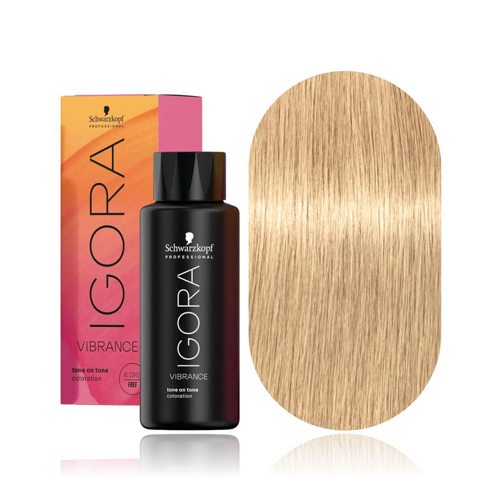 Schwarzkopf IGORA Vibrance 9,5-4 Beige Toner demi-permanent hair color bottle, box and hair swatch