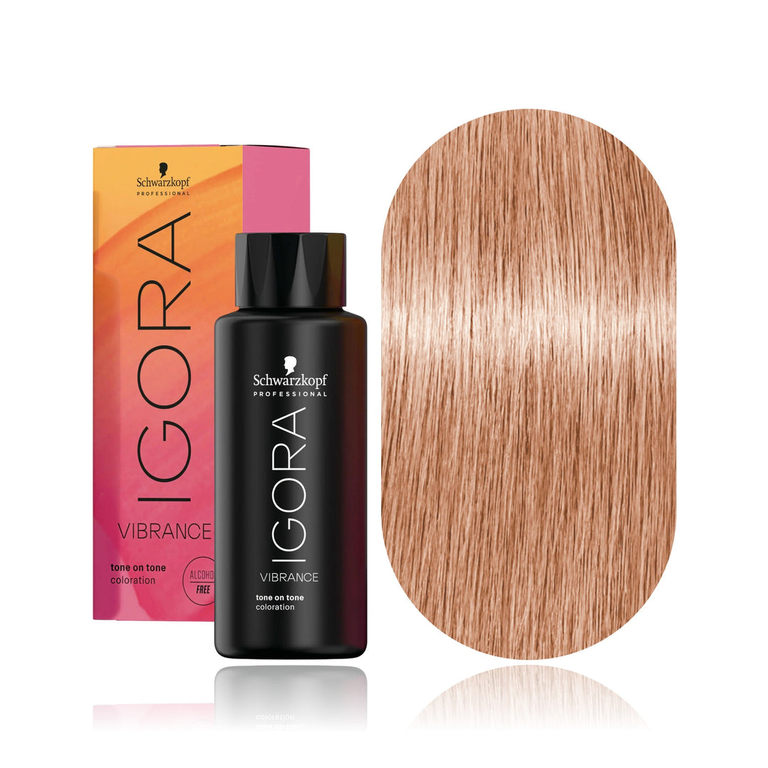 Schwarzkopf IGORA Vibrance 9,5-46 Beige Chocolate Toner demi-permanent hair color bottle, box and hair swatch