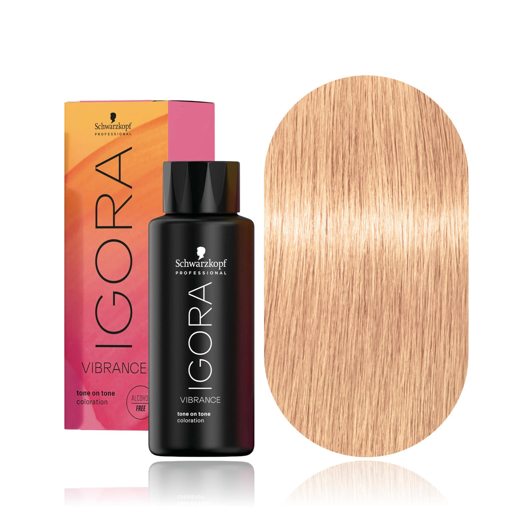 Schwarzkopf IGORA Vibrance 9,5-49 Beige Violet Toner demi-permanent hair color bottle, box and hair swatch