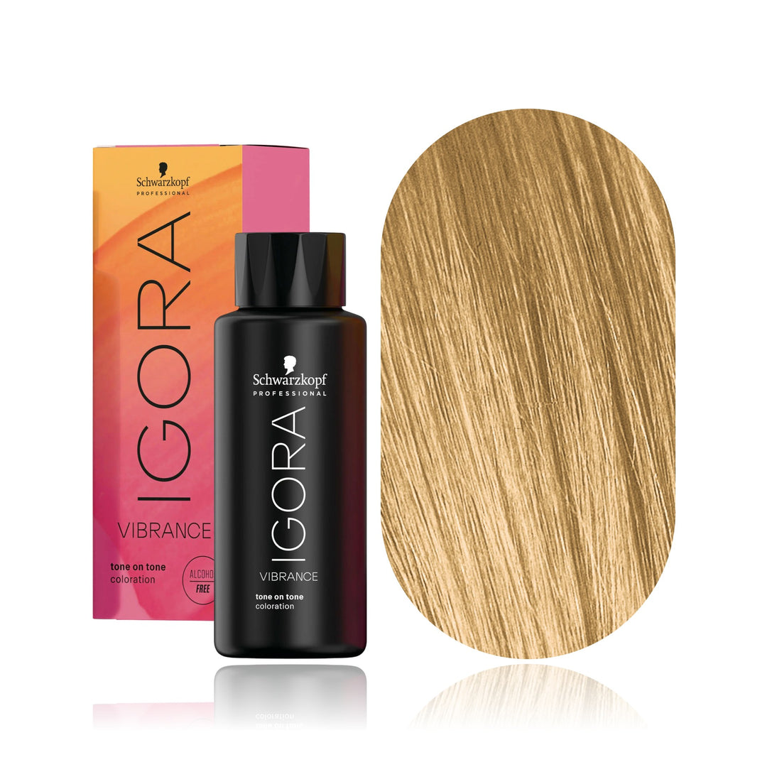Schwarzkopf IGORA Vibrance 9,5-5 Gold Toner demi-permanent hair color bottle, box and hair swatch