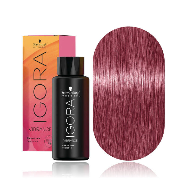 Schwarzkopf IGORA Vibrance 9,5-98 Violet Red Toner demi-permanent hair color bottle, box and hair swatch