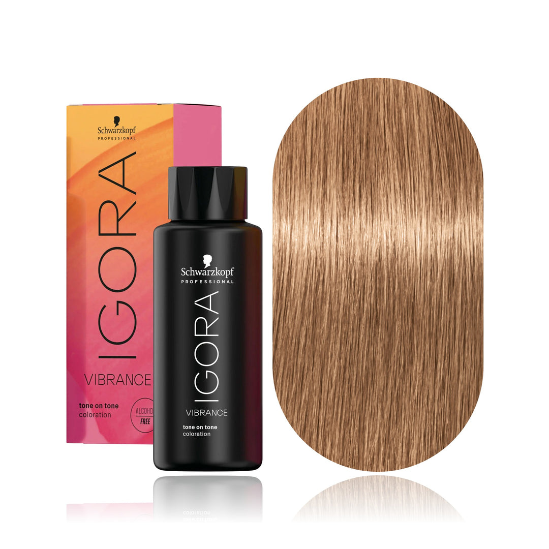 Schwarzkopf IGORA Vibrance 9-65 Extra Light Blonde Chocolate Gold demi-permanent hair color bottle, box and hair swatch