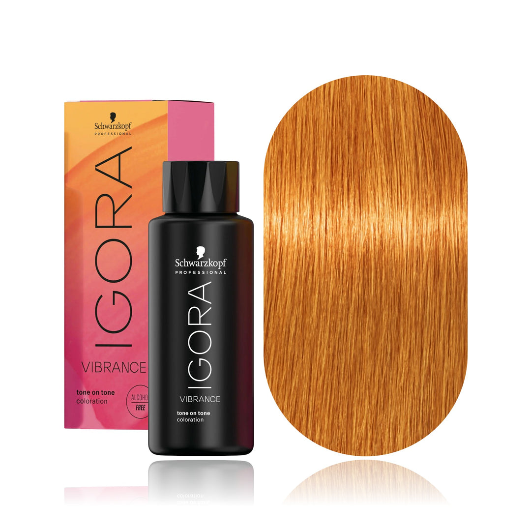 Schwarzkopf IGORA Vibrance 9-7 Extra Light Blonde Copper demi-permanent hair color bottle, box and hair swatch