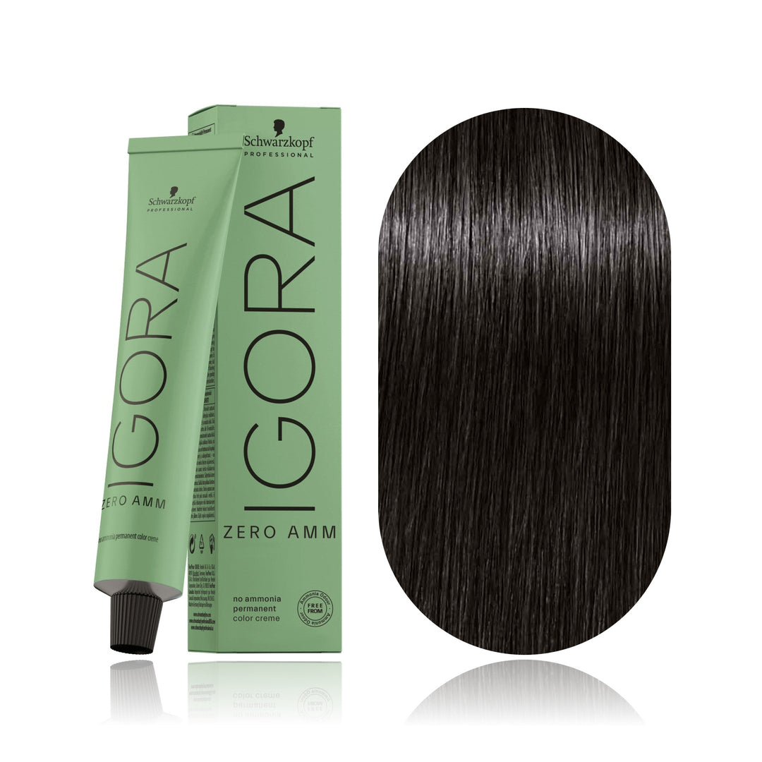 Schwarzkopf IGORA ZERO AMM 1-0 Black Natural no ammonia permanent hair color tube, box and hair swatch