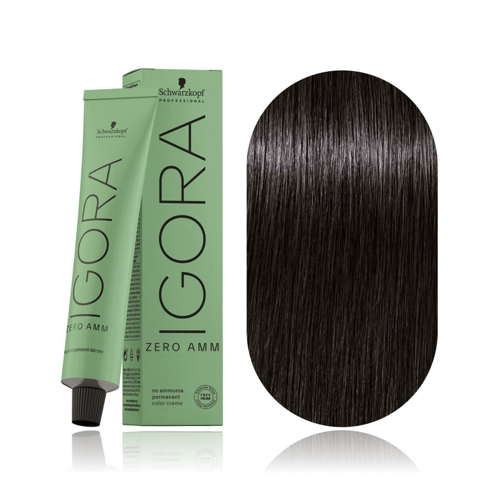 Schwarzkopf IGORA ZERO AMM 1-0 Black Natural no ammonia permanent hair color tube, box and hair swatch