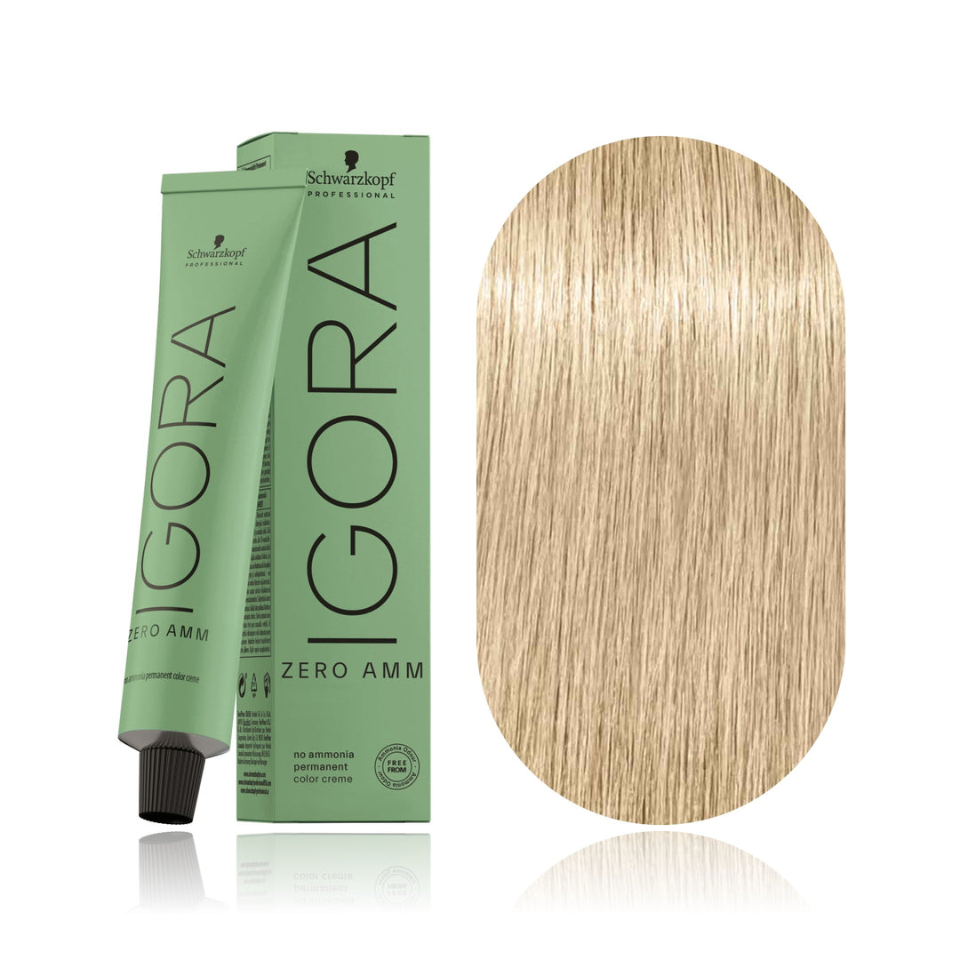 Schwarzkopf IGORA ZERO AMM 10-0 Ultra Blonde Natural no ammonia permanent hair color tube, box and hair swatch