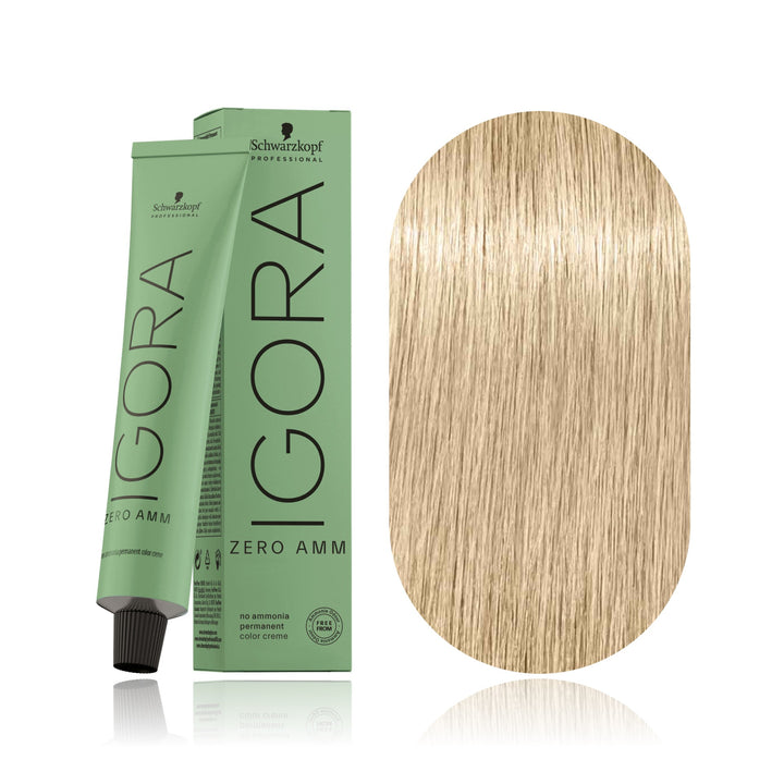 Schwarzkopf IGORA ZERO AMM 10-0 Ultra Blonde Natural no ammonia permanent hair color tube, box and hair swatch