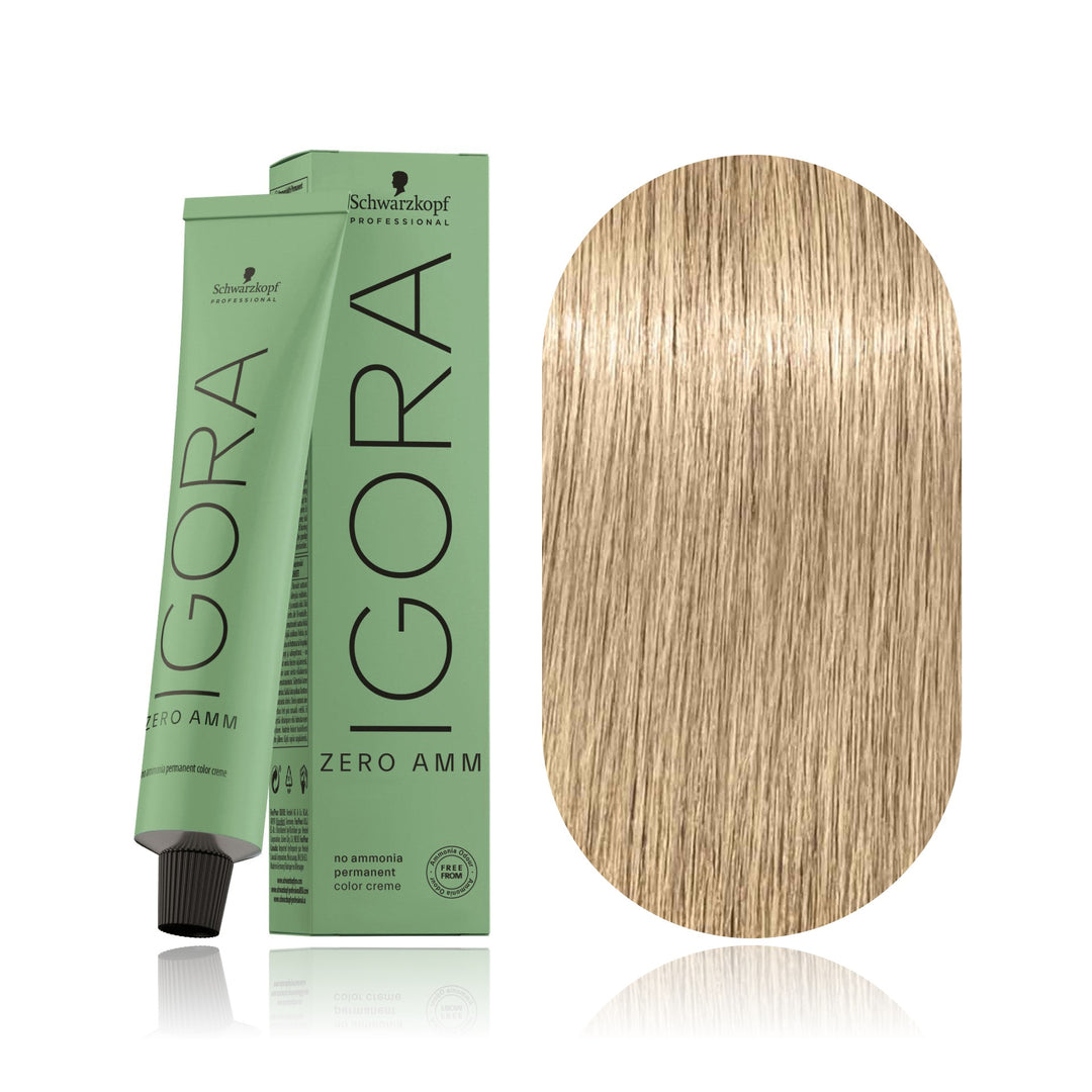 Schwarzkopf IGORA ZERO AMM 10-14 Ultra Blonde Cendré Beige no ammonia permanent hair color tube, box and hair swatch
