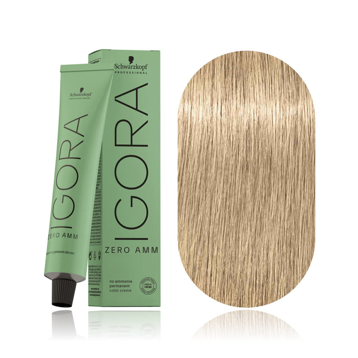 Schwarzkopf IGORA ZERO AMM 10-14 Ultra Blonde Cendré Beige no ammonia permanent hair color tube, box and hair swatch