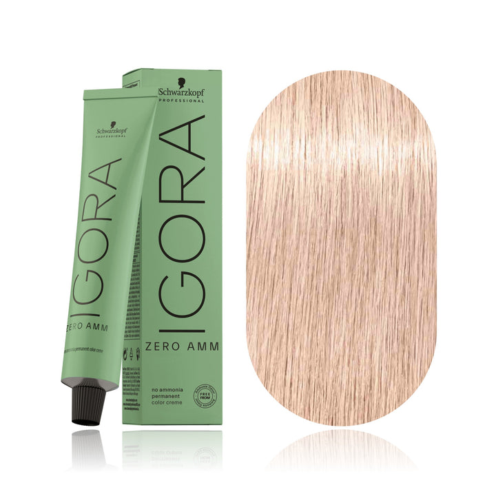 Schwarzkopf IGORA ZERO AMM 10-19 Ultra Blonde Cendré Violet no ammonia permanent hair color tube, box and hair swatch