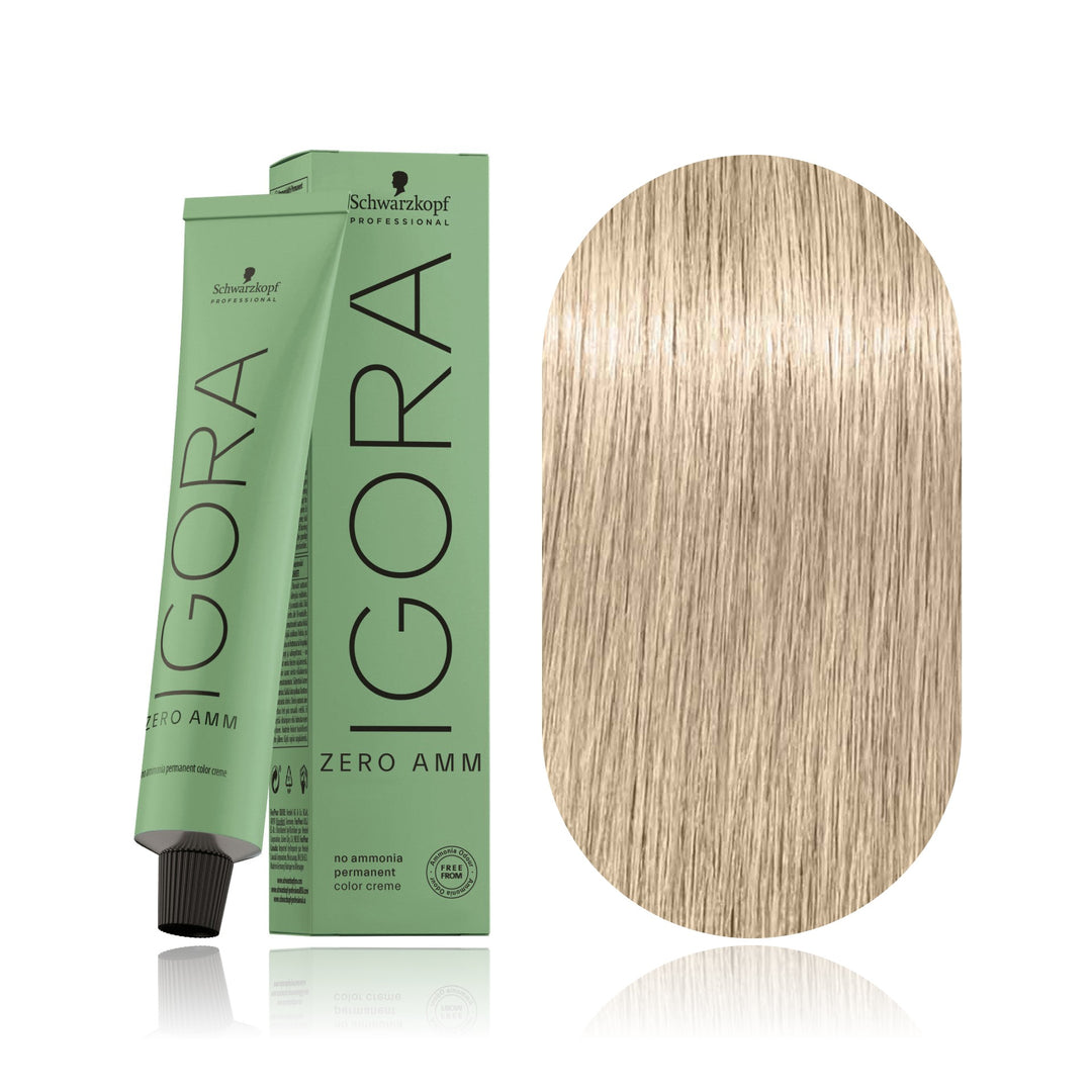 Schwarzkopf IGORA ZERO AMM 10-2 Ultra Blonde Ash no ammonia permanent hair color tube, box and hair swatch