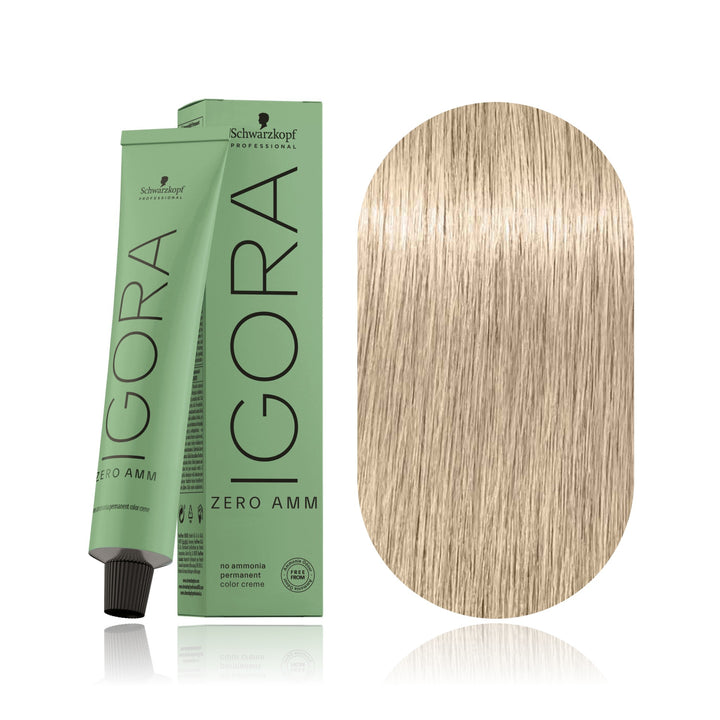 Schwarzkopf IGORA ZERO AMM 10-2 Ultra Blonde Ash no ammonia permanent hair color tube, box and hair swatch