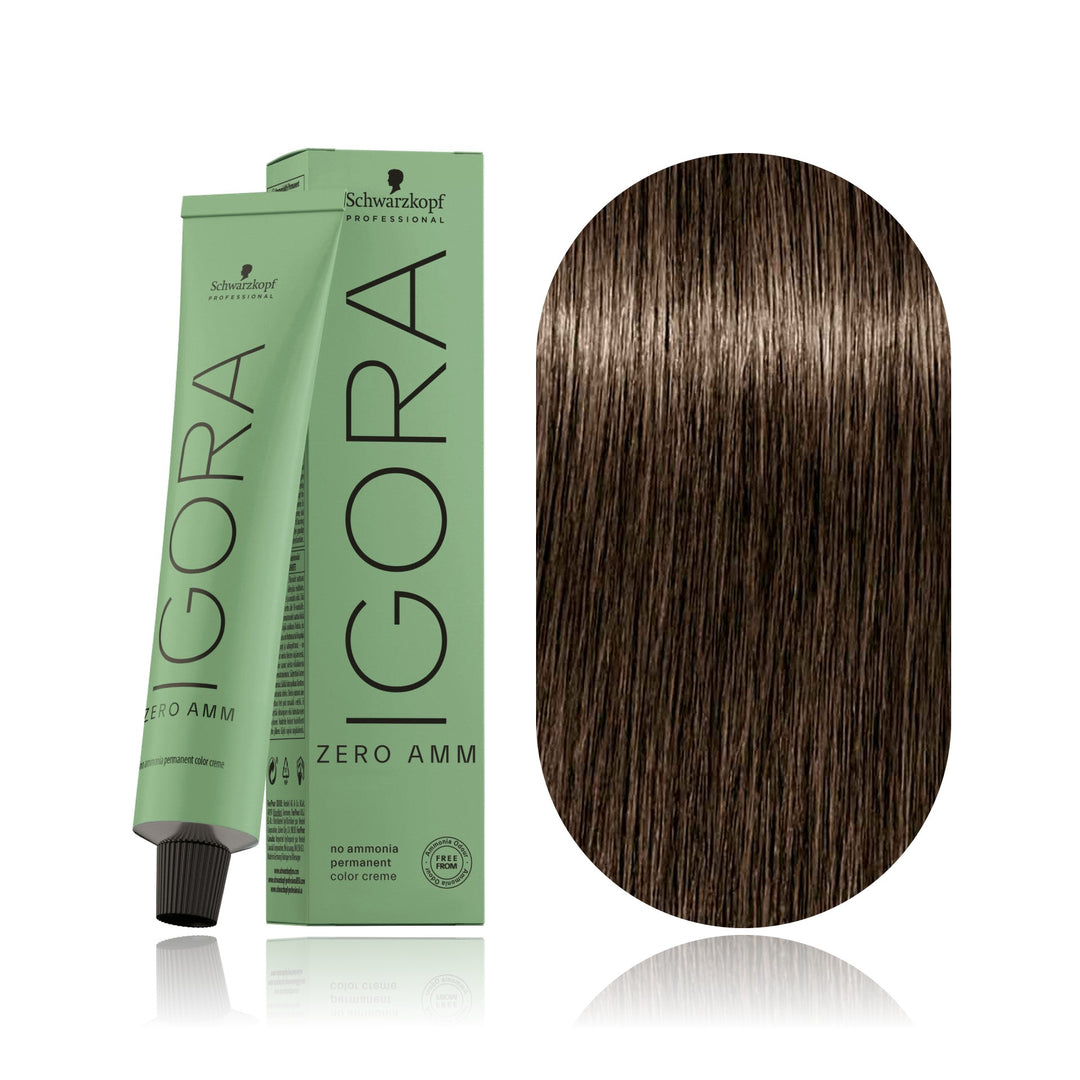 Schwarzkopf IGORA ZERO AMM 4-0 Medium Brown Natural no ammonia permanent hair color tube, box and hair swatch