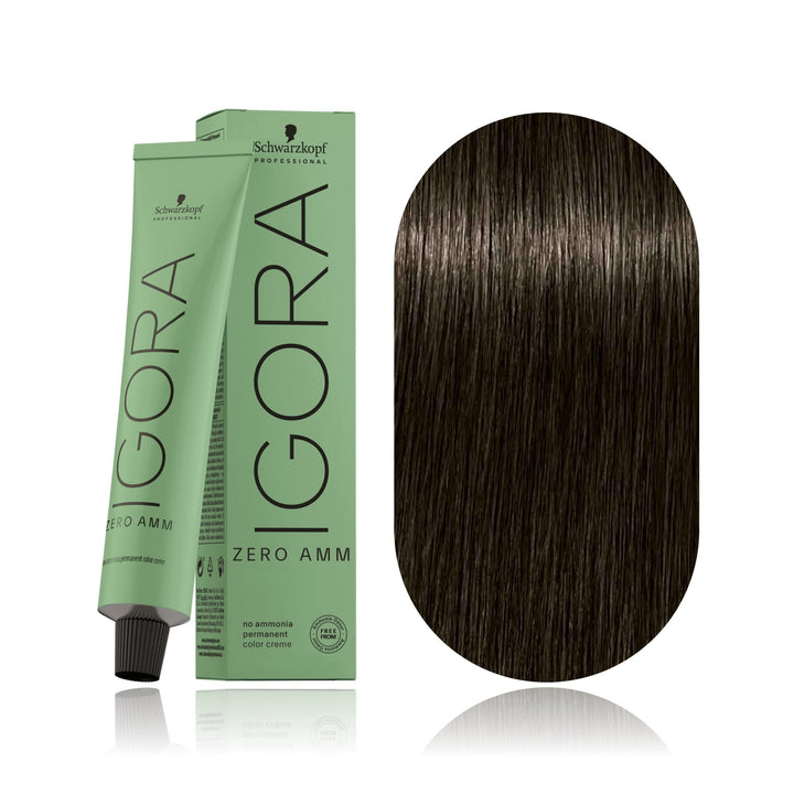 Schwarzkopf IGORA ZERO AMM 4-13 Medium Brown Cendré Matte no ammonia permanent hair color tube, box and hair swatch