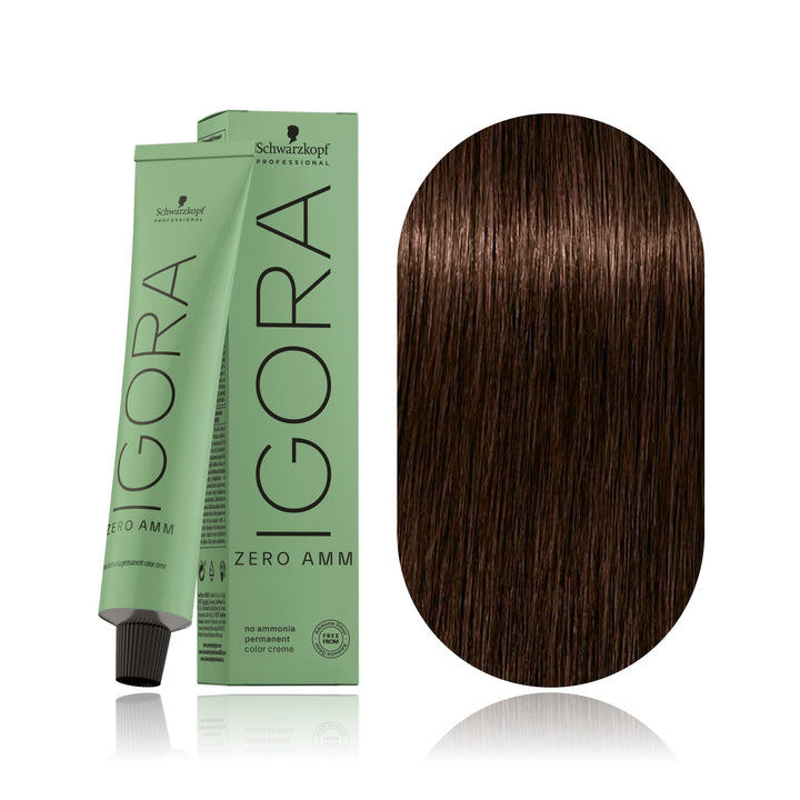 Schwarzkopf IGORA ZERO AMM 4-6 Medium Brown Chocolate no ammonia permanent hair color tube, box and hair swatch