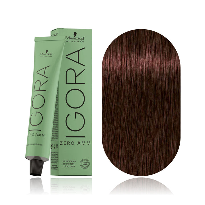Schwarzkopf IGORA ZERO AMM 4-68 Medium Brown Chocolate Red no ammonia permanent hair color tube, box and hair swatch