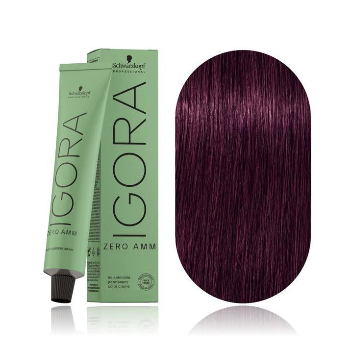 Schwarzkopf IGORA ZERO AMM 4-99 Medium Brown Violet Extra no ammonia permanent hair color tube, box and hair swatch