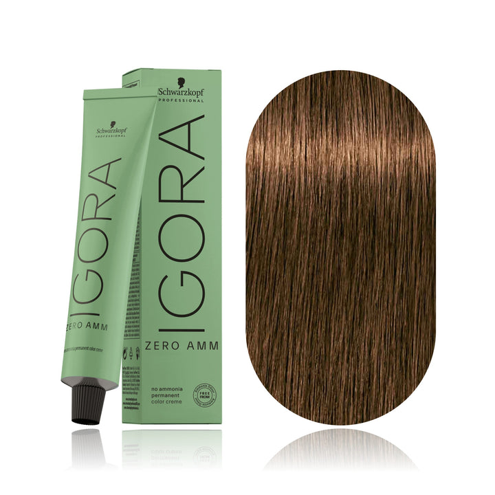 Schwarzkopf IGORA ZERO AMM 5-5 Light Brown Gold no ammonia permanent hair color tube, box and hair swatch